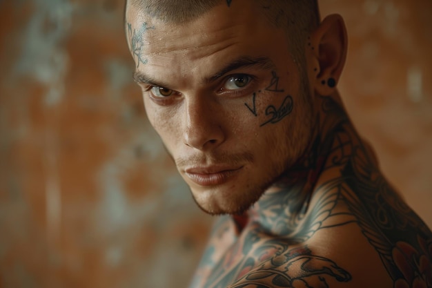 Portrait of a tattooed man with piercings looking directly at the camera