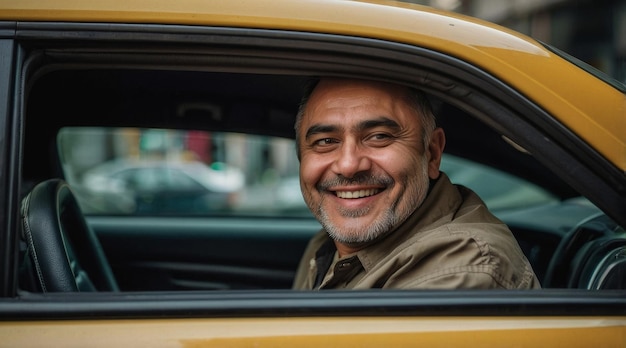 Portrait taxi driver smile car driving happy