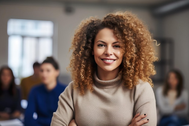 Portrait of a teacher in a classroom with students in the background Teacher's day Education concept