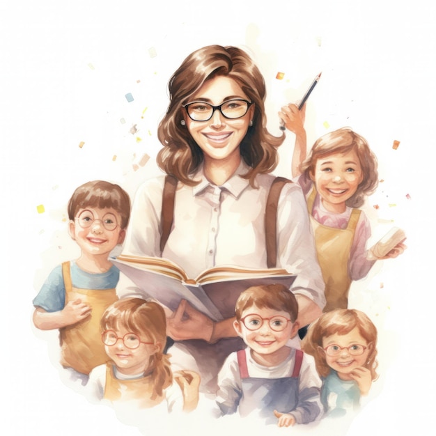 Portrait of a teacher with a group of children on a white background