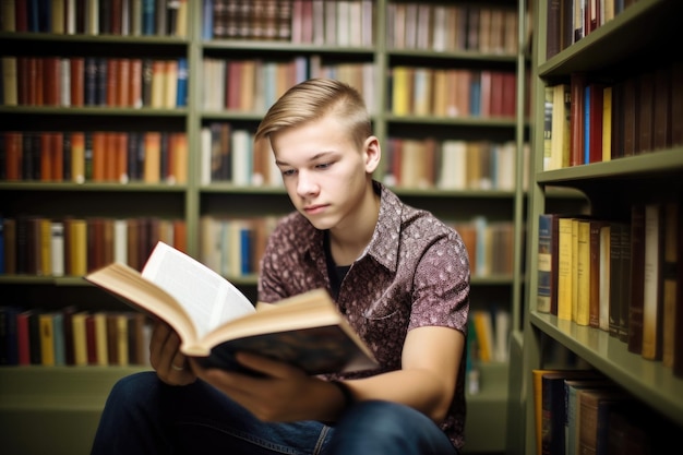 Portrait of a teenage boy reading in the library created with generative ai