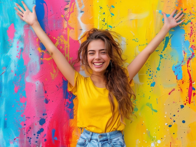 portrait of a teenage girl wearing a yellow tshirt who is beautiful energetic and enthusiastic