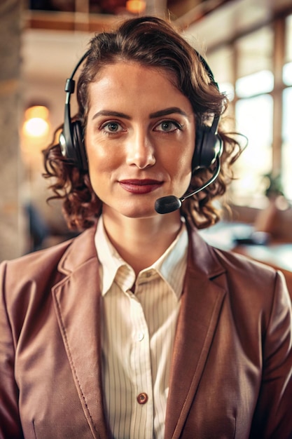 Photo portrait of a telephone operator standing with headset on