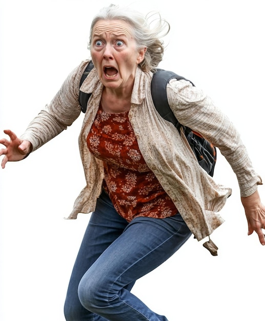 Portrait of Terrified Old Lady Running for Her Life on White Background