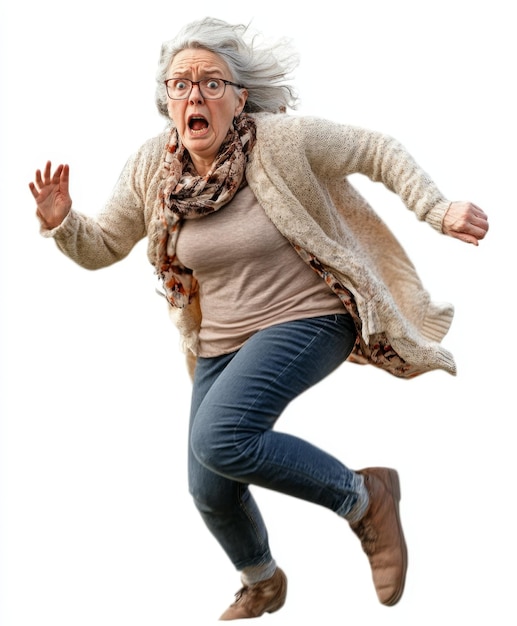 Portrait of Terrified Old Lady Running for Her Life on White Background