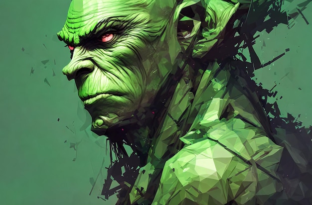 Portrait of terrifying green monster Fantastic creature Orc Ogre Troll with frightening facial expression