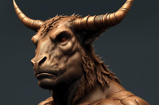 Portrait of terrifying minotaur Fantastic creature Fabulous bull with frightening facial expression Mythical monster