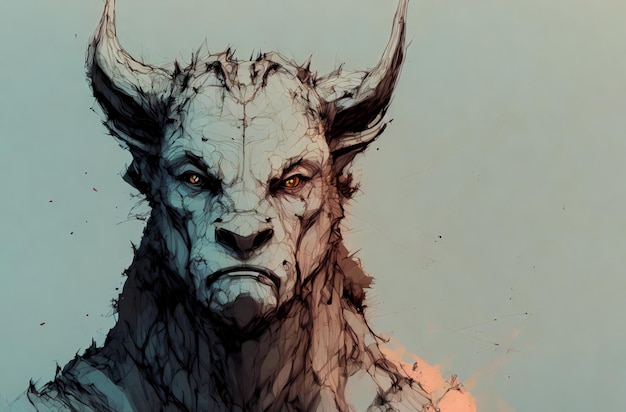 Portrait of terrifying minotaur fantastic creature fabulous bull with frightening facial expression