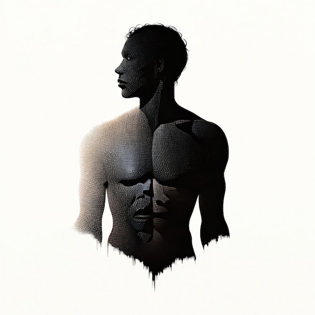 Photo portrait of a textured black man with a face on his chest