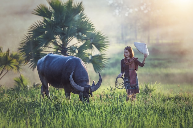 Portrait of Thai young woman farmer with buffalo, Thailand countryside