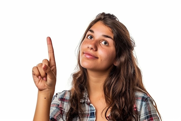 portrait of thinking young woman pointing upwards on isolated white background