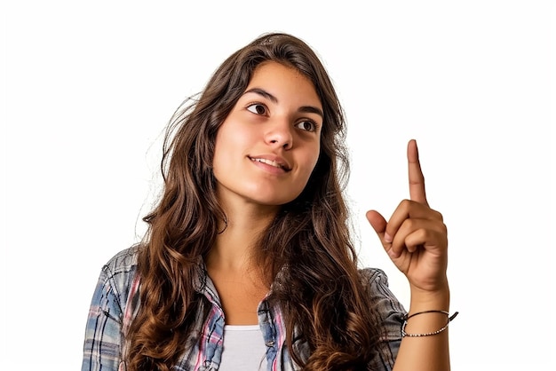 portrait of thinking young woman pointing upwards on isolated white background