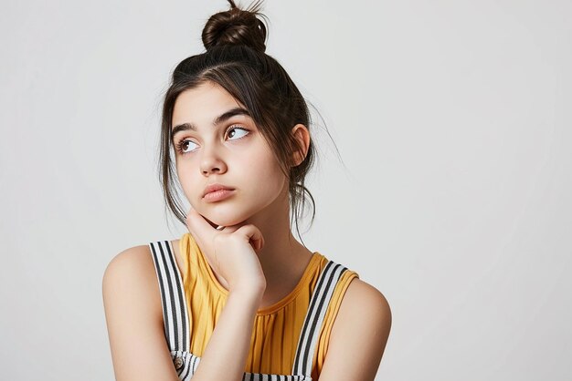 portrait of thinking young woman and touching chin on white isolated background