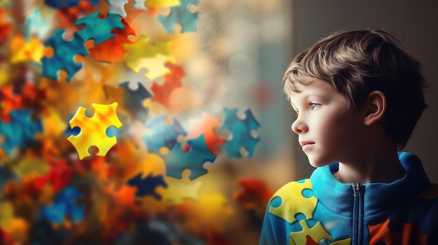 Portrait of a thoughtful autistic child looking away surrounded by a lot of colored puzzles