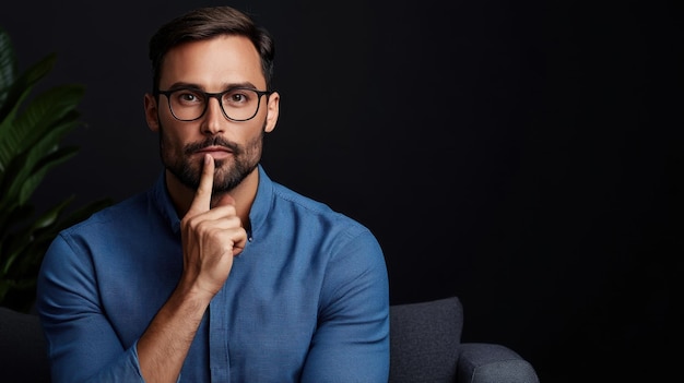 Photo portrait of a thoughtful man wearing glasses resting his finger on his lips in a dark background contemplating quietly