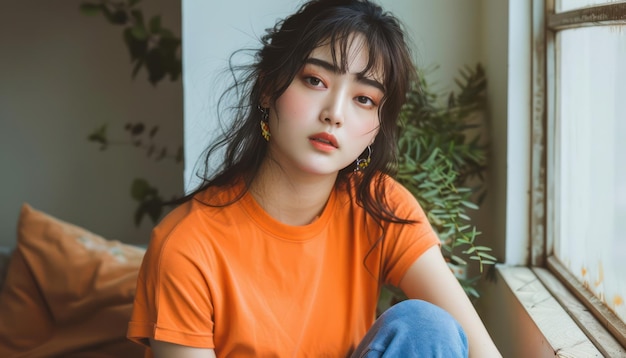 Portrait of a Thoughtful Young Woman Sitting by the Window in Casual Orange T shirt and Blue Jeans