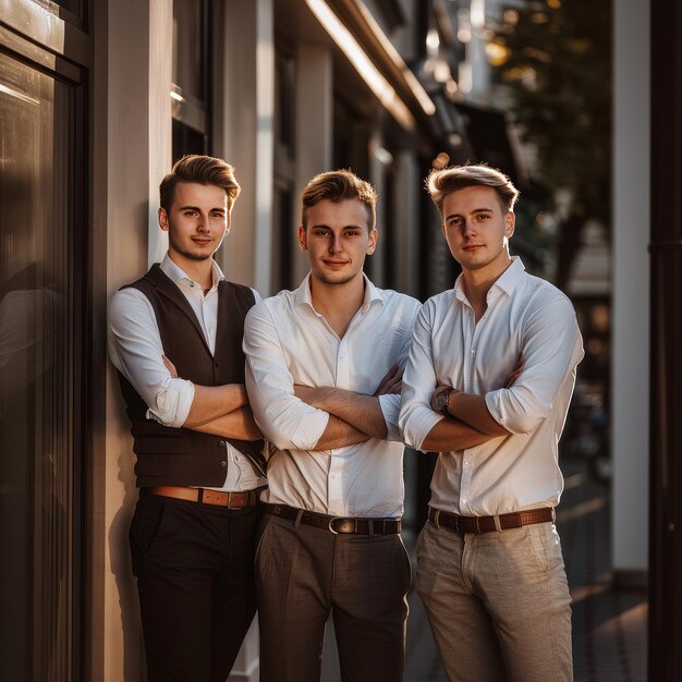 Photo portrait of three handsome young men in formal clothes standing with their arms crossed and looking