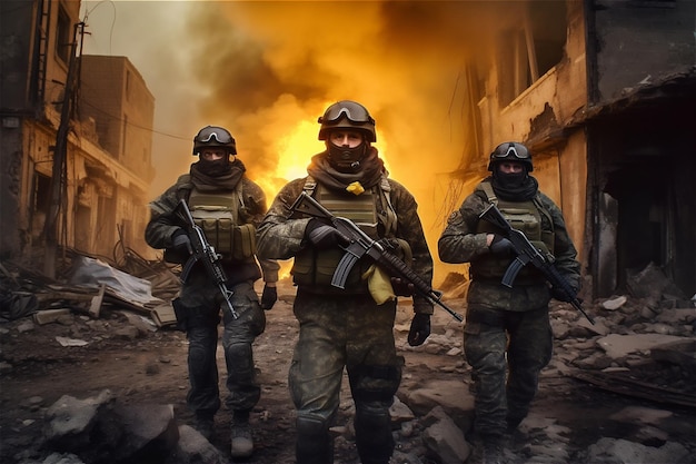 Portrait of three military men A group of soldiers on a background of fire in ruin city War operations special forces Generative AI