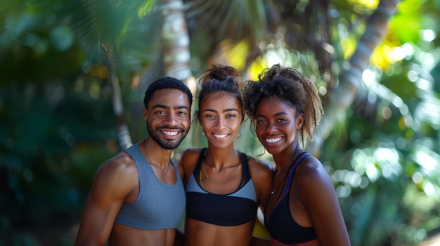 Portrait Of Three Young Fit Individuals Smiling Outdoors In Tropical Environment