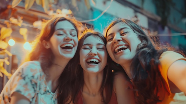 Portrait of three young girlfriends in sunglasses laughing and having fun together