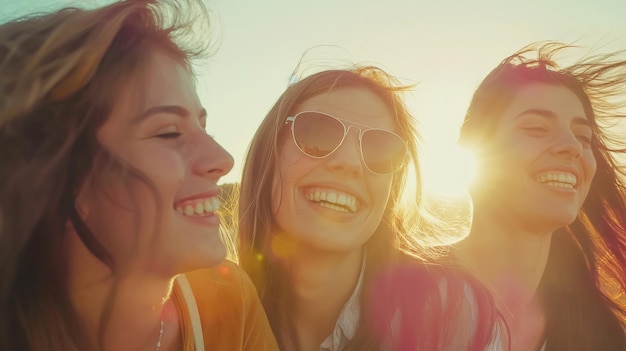 Portrait of three young girlfriends in sunglasses laughing and having fun together