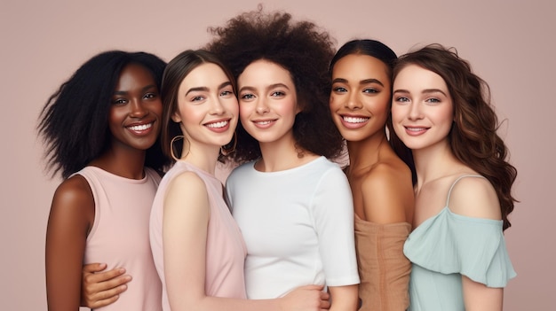 Portrait of three young multiracial women standing together and smiling at the camera