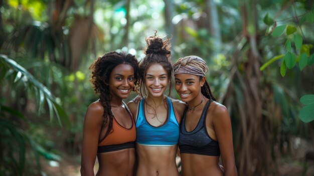 Portrait of Three Young Women in Fitness Wear Smiling in a Lush Green Forest Setting