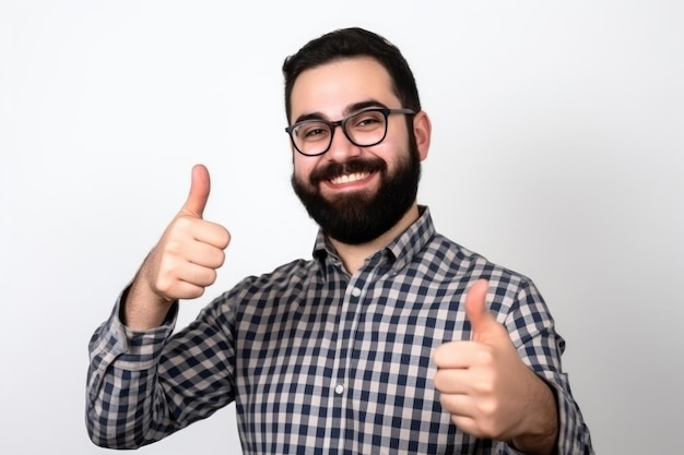 Portrait thumbs up and mockup with a man in studio on a white background for success