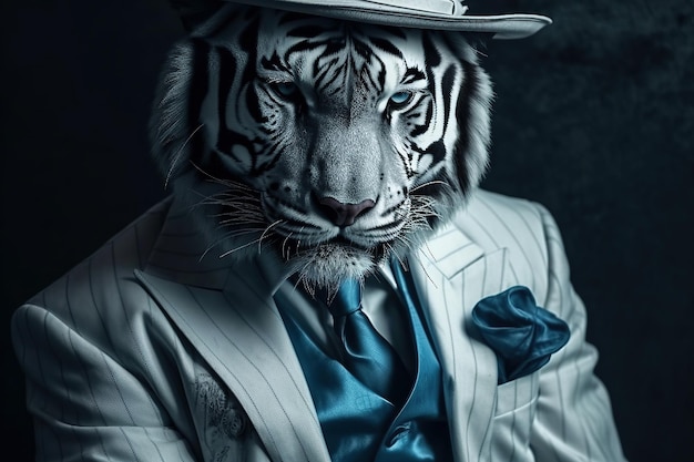 Portrait of a Tiger in a classic blue suit and glasses Illustration of Generative AI The bodyguard Mafia