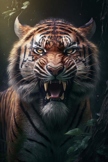 Portrait of a tiger in a dark forest Generative AI