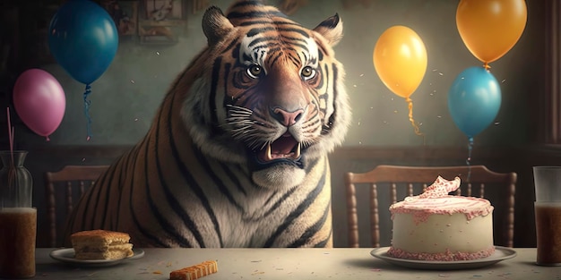 Portrait of a tiger at his birthday party with party hat and has a wild cake with candles wearing a party hat balloons and confetti