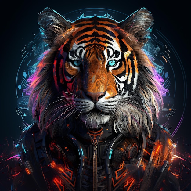 Portrait of tiger neon generated by ai