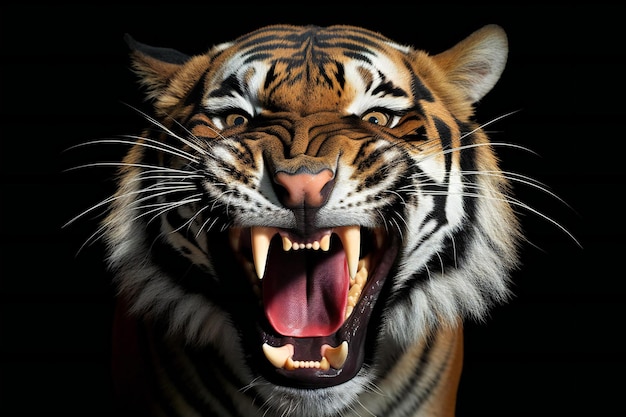 Portrait of a tiger with open mouth on a black background