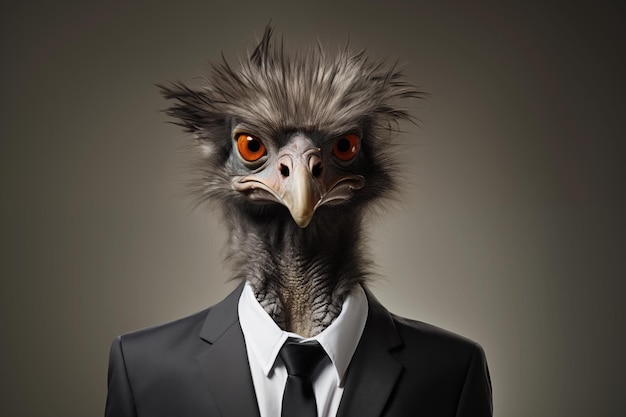 Portrait of a tousled ostrich wearing glasses and a business suit Anthropomorphic animals concept