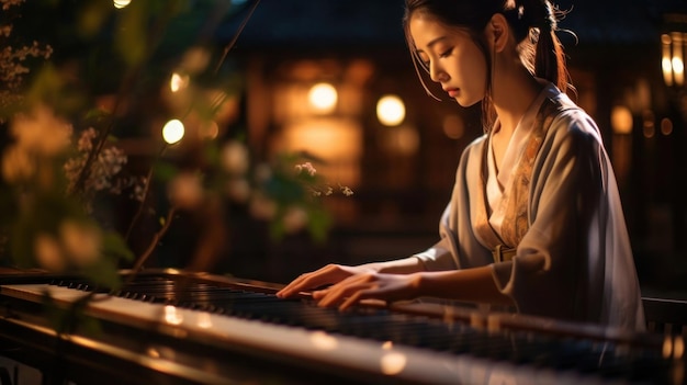 Portrait of a traditional Japanese female musician playing music