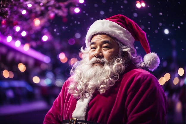 portrait of traditional Santa Claus holding sack with presents and smiling at camera in night city