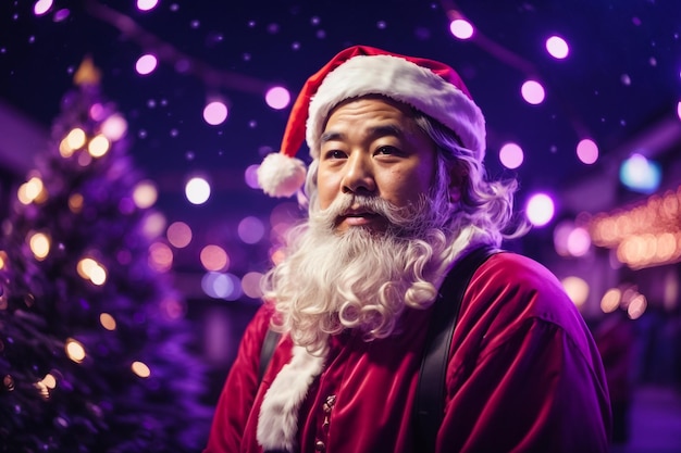 portrait of traditional Santa Claus holding sack with presents and smiling at camera in night city