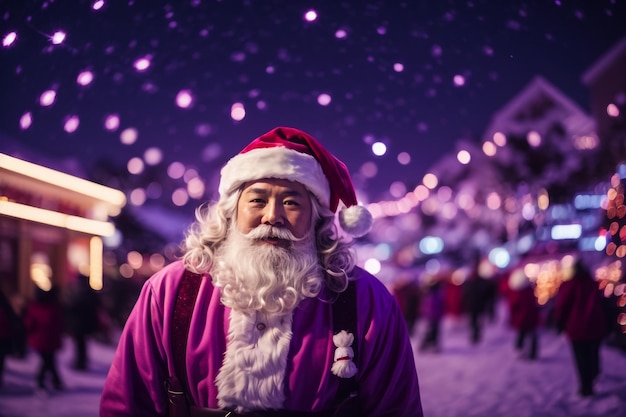 portrait of traditional Santa Claus holding sack with presents and smiling at camera in night city