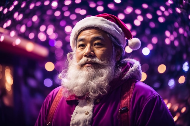 portrait of traditional Santa Claus holding sack with presents and smiling at camera in night city