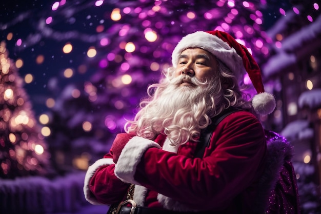 portrait of traditional Santa Claus holding sack with presents and smiling at camera in night city