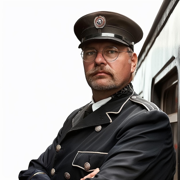 portrait of train conductor on white background