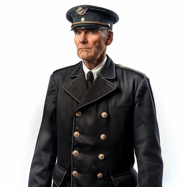 Photo portrait of train conductor on white background