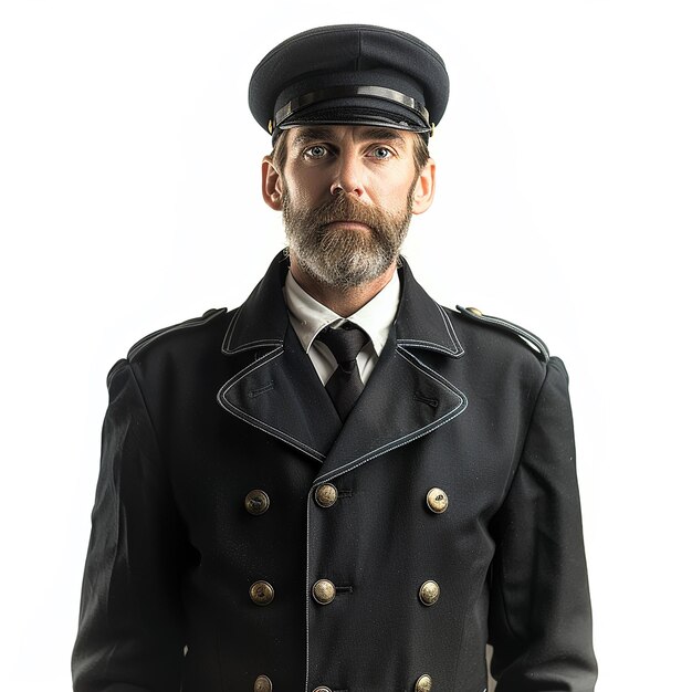 Photo portrait of train conductor on white background