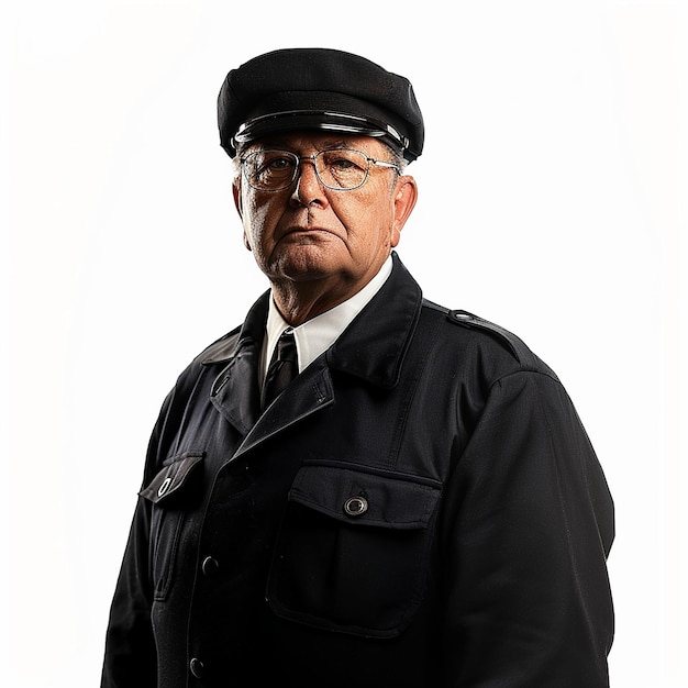 Photo portrait of train conductor on white background