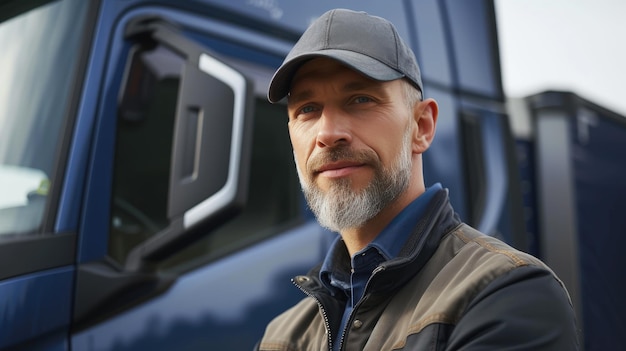 Portrait of Truck Driver and Electric Cargo Truck