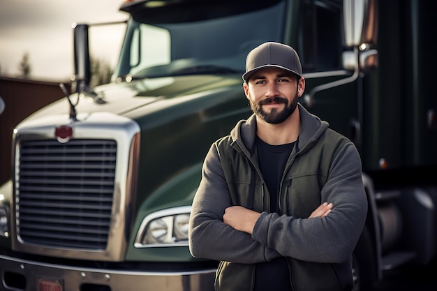 portrait of trucker with beard and cap beside truck