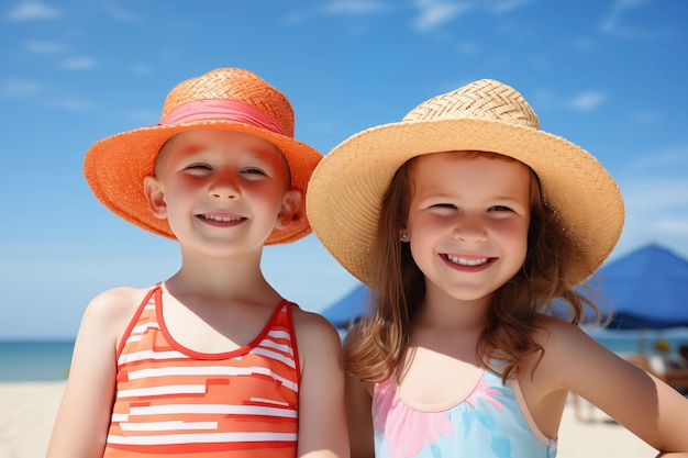 Portrait of two adorable little boy and girl in hats on beach outdoors