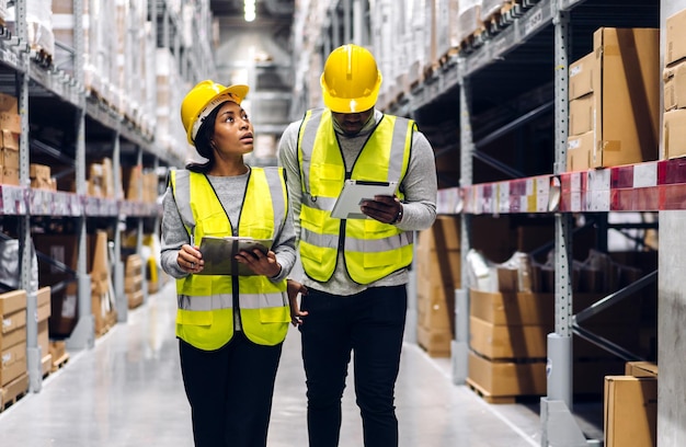 Portrait two african american engineer team shipping order detail on tablet check goods and supplies on shelves with goods inventory in factory warehouselogistic industry and business export