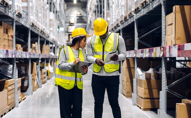 Portrait two african american engineer team shipping order detail on tablet check goods and supplies on shelves with goods inventory in factory warehouselogistic industry and business export