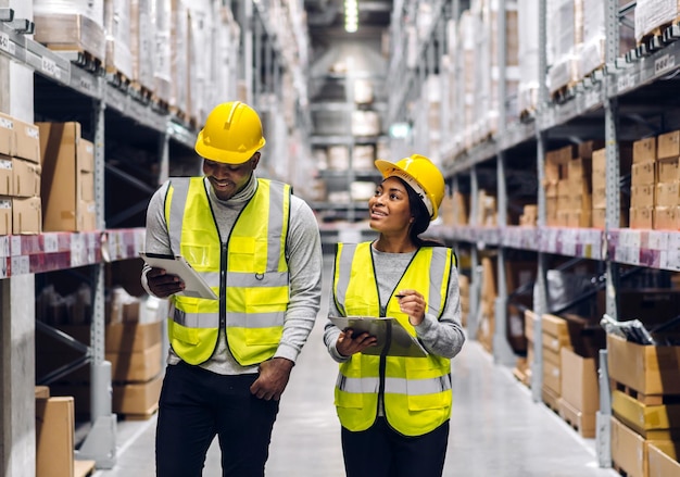 Portrait two african american engineer team shipping order detail on tablet check goods and supplies on shelves with goods inventory in factory warehouselogistic industry and business export